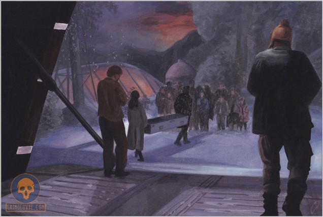 A spaceship standing in a snowy planet and there are people outside welcoming the crew who is taking a deadbody of the soldier to his people.