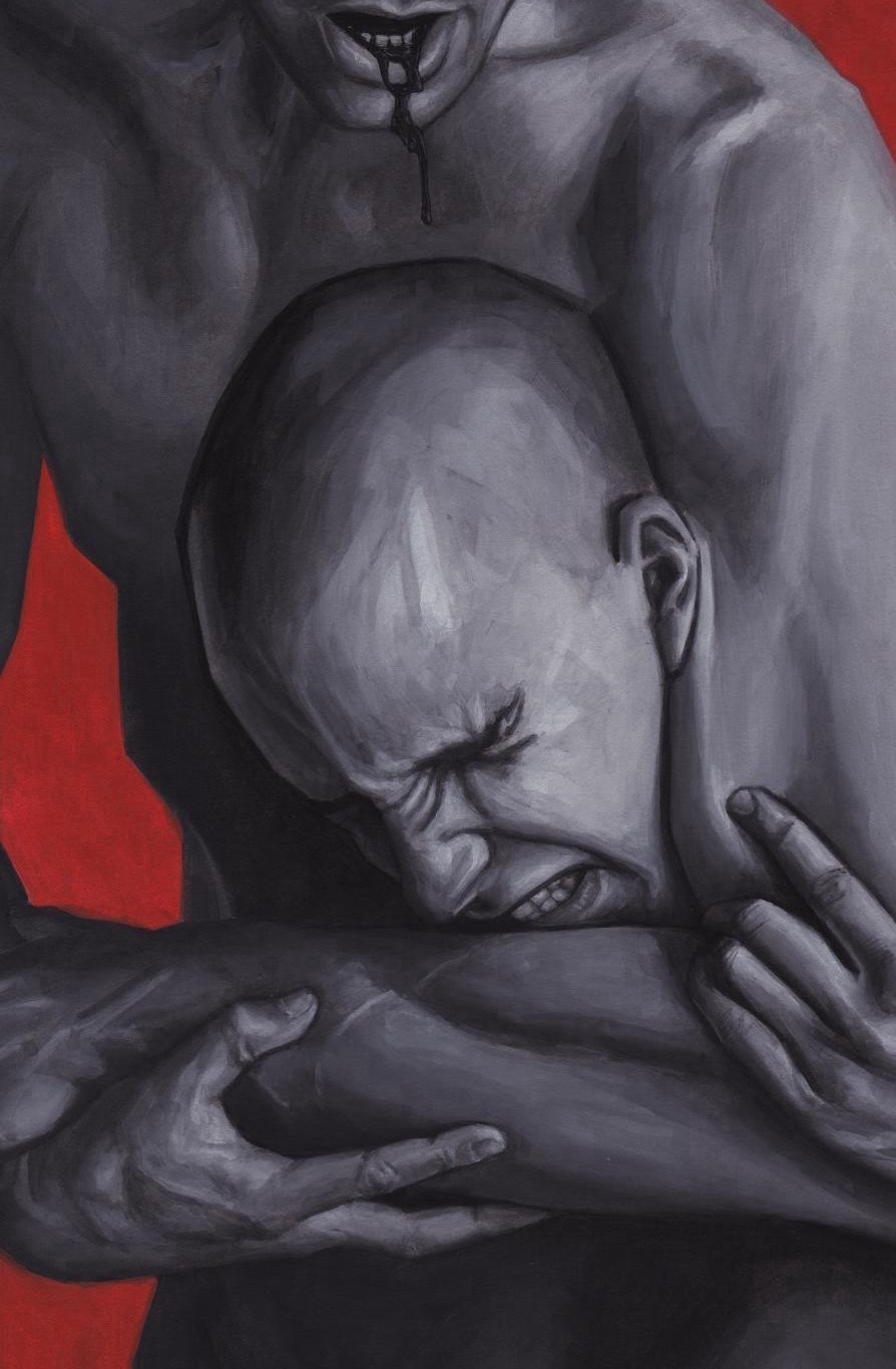 close up painting of a male figure caught in chockehold in another figure's arms and trying to release himself from the grip