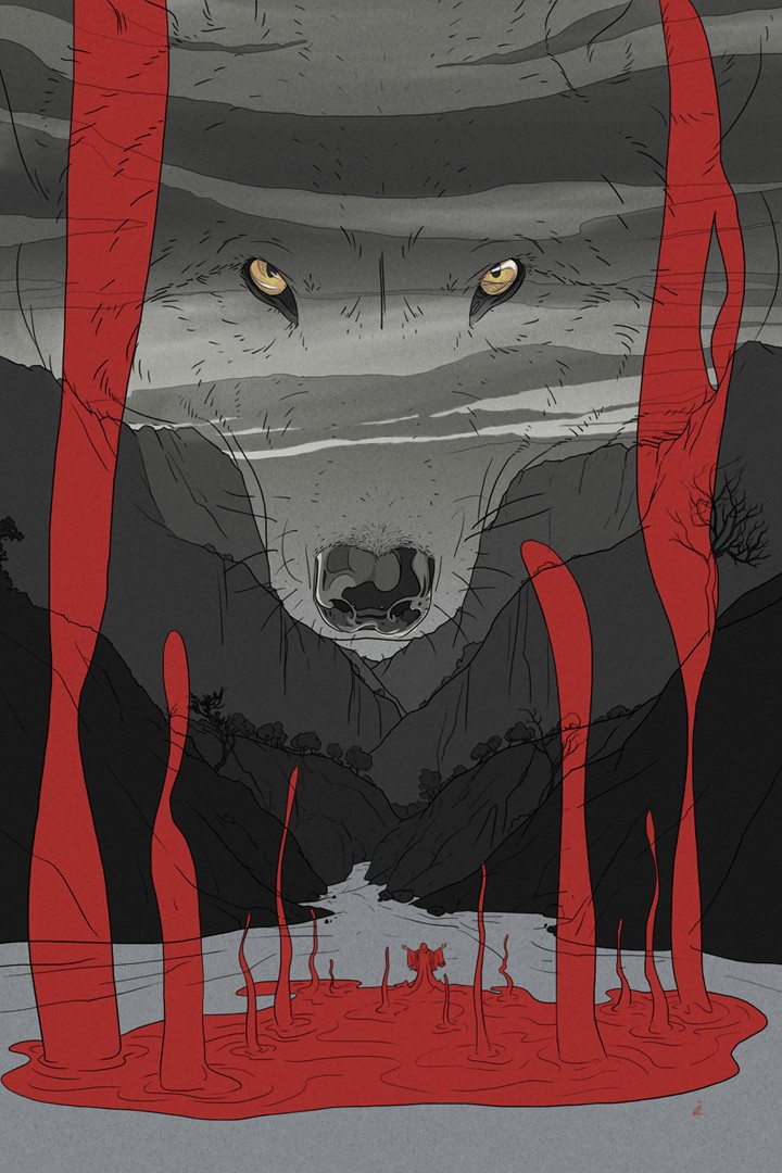 a scenic view of some rocks or hills where the negative space between the sky and the hills to show a fox face and there is a ritual going on with blood floating towards the fox god.