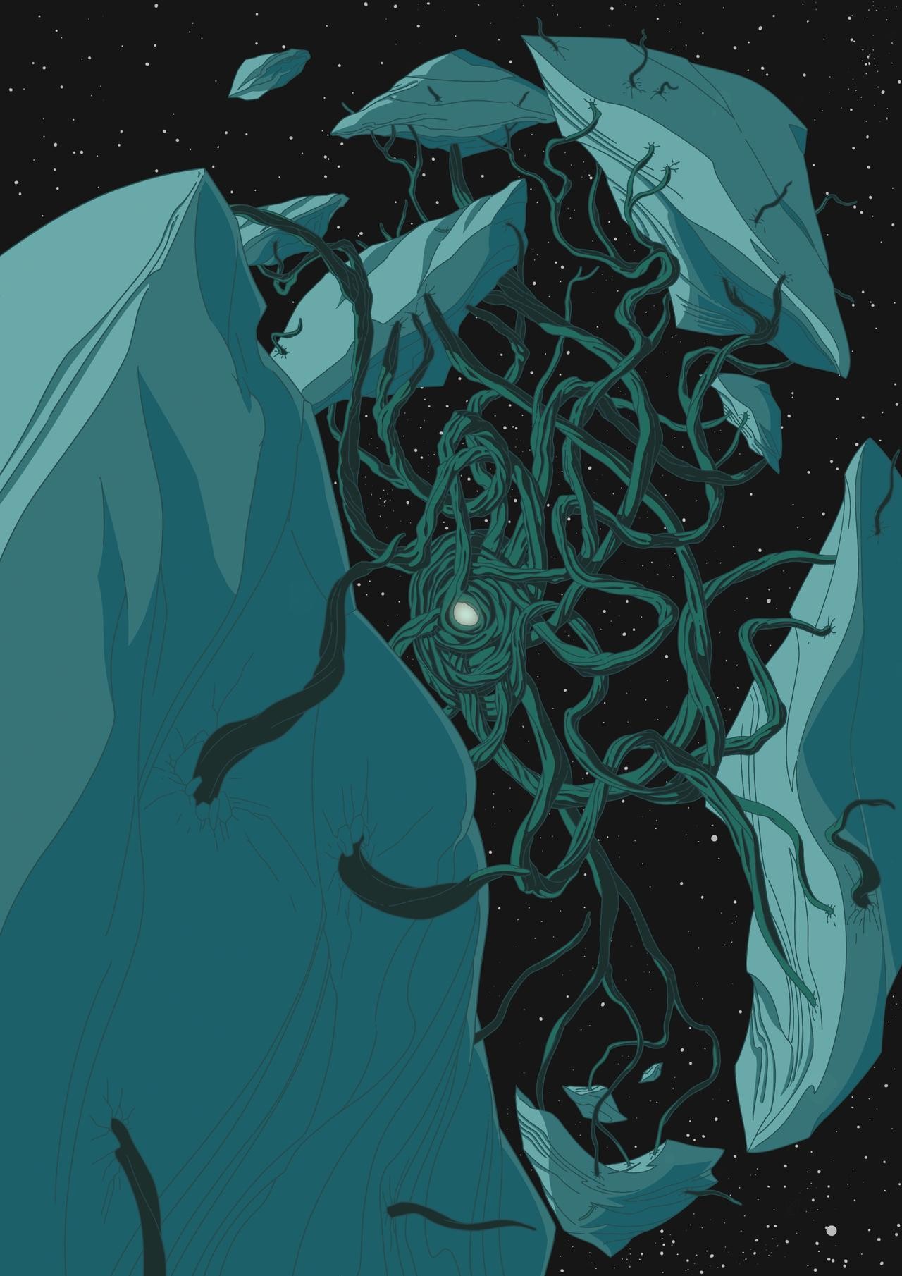 a broken ice moon is being held by the tentacles coming out of its core.